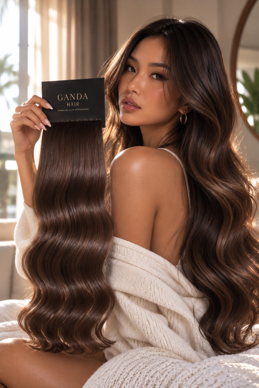 Dark brown wavy hair extension reference