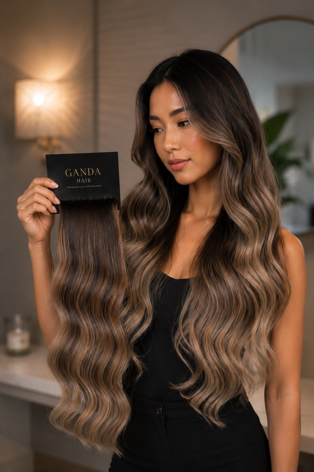 Ganda Hair model holding a dark brown wavy extension
